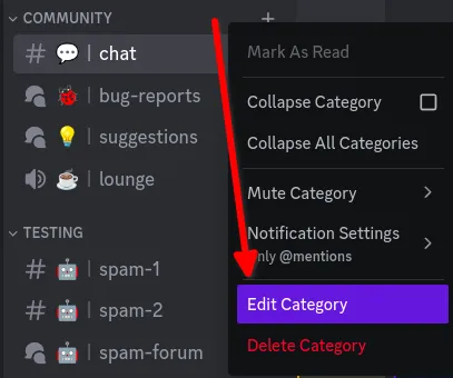 Edit Category on a Discord category context menu