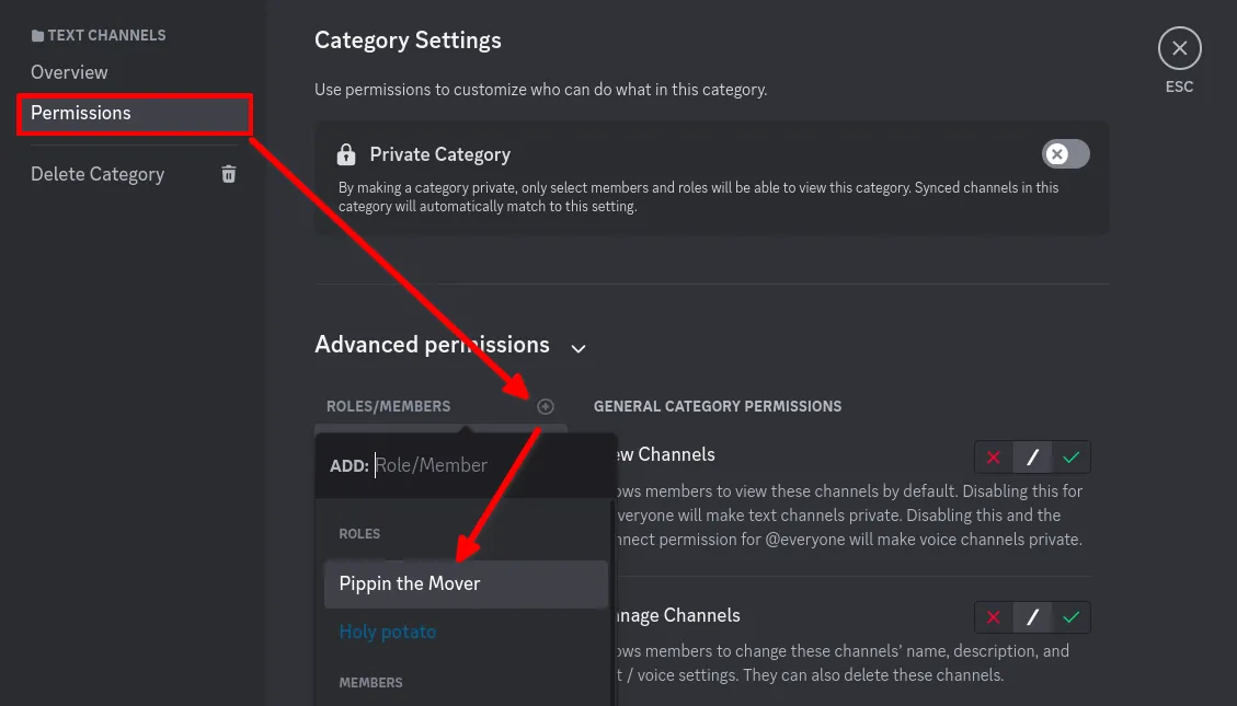 Adding the Pippin the Mover role on a category permission screen