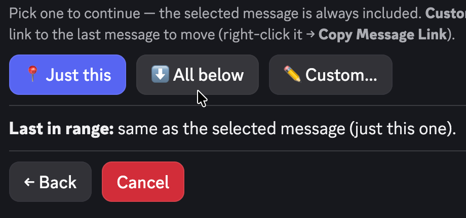All below selected, with a preview of the last message in the range