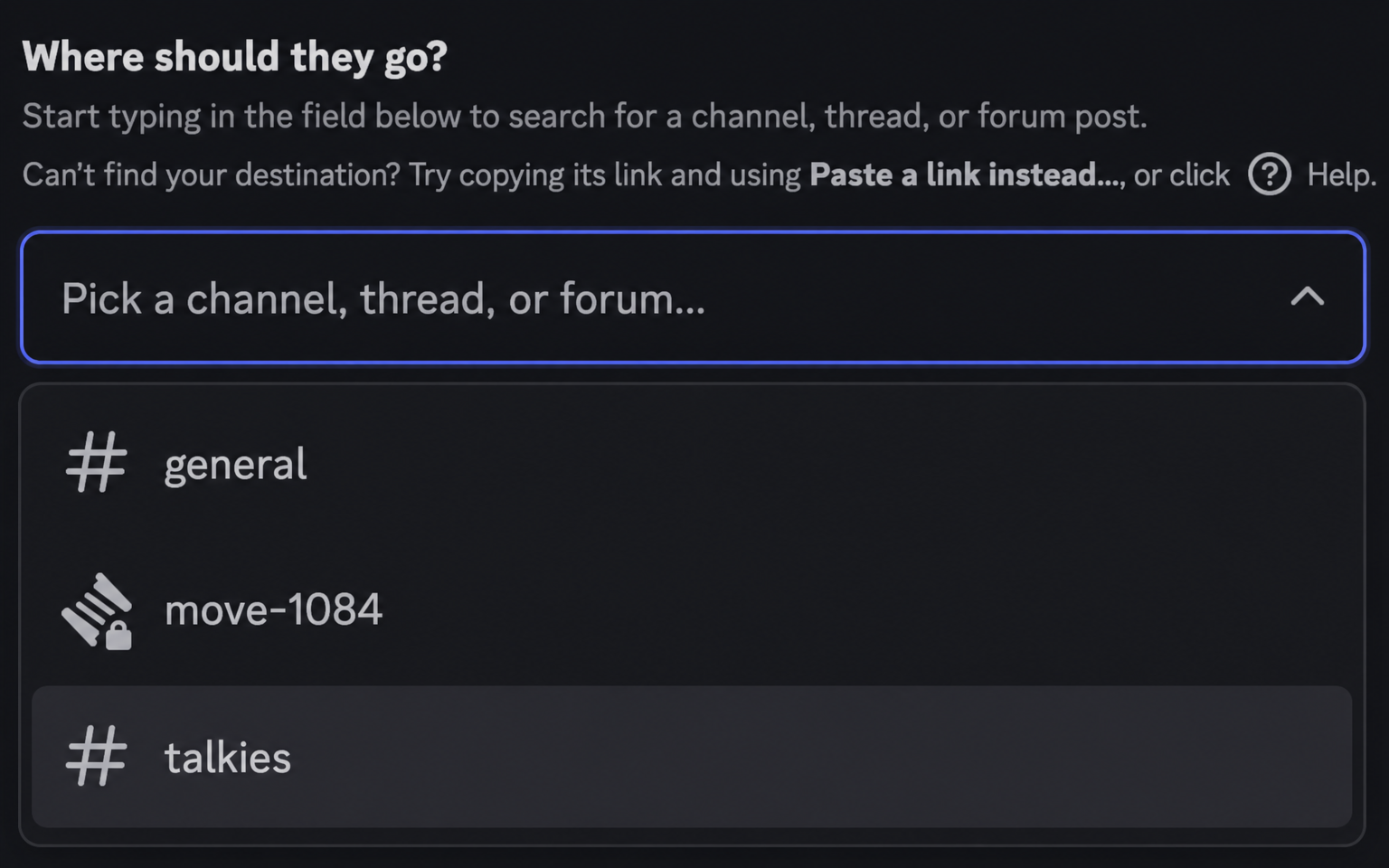 Pippin's destination picker, with a channel search
