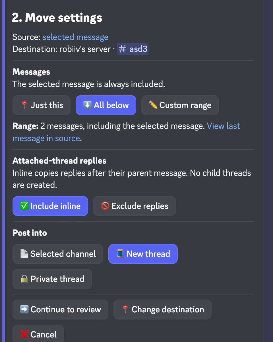 Move settings with All below and New thread selected