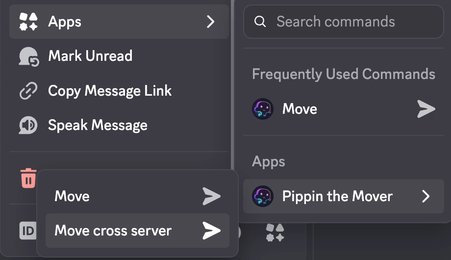 Discord's message menu with Pippin's Move cross server command highlighted