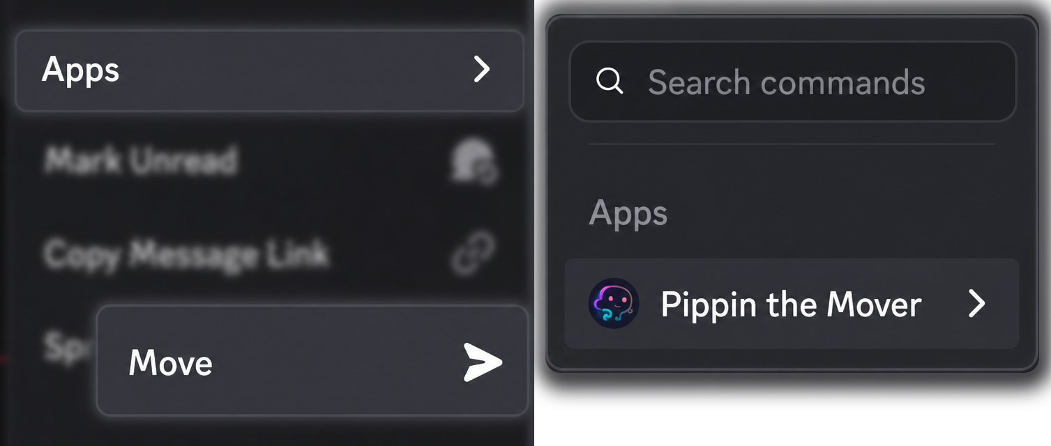 Discord's Apps menu with Pippin's Move command highlighted